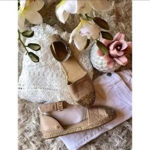 kate spade tan leather espadrille gold glitter toe